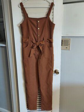 Shein Brown Jumpsuit Size M Belted Sleeveless Straight Leg
